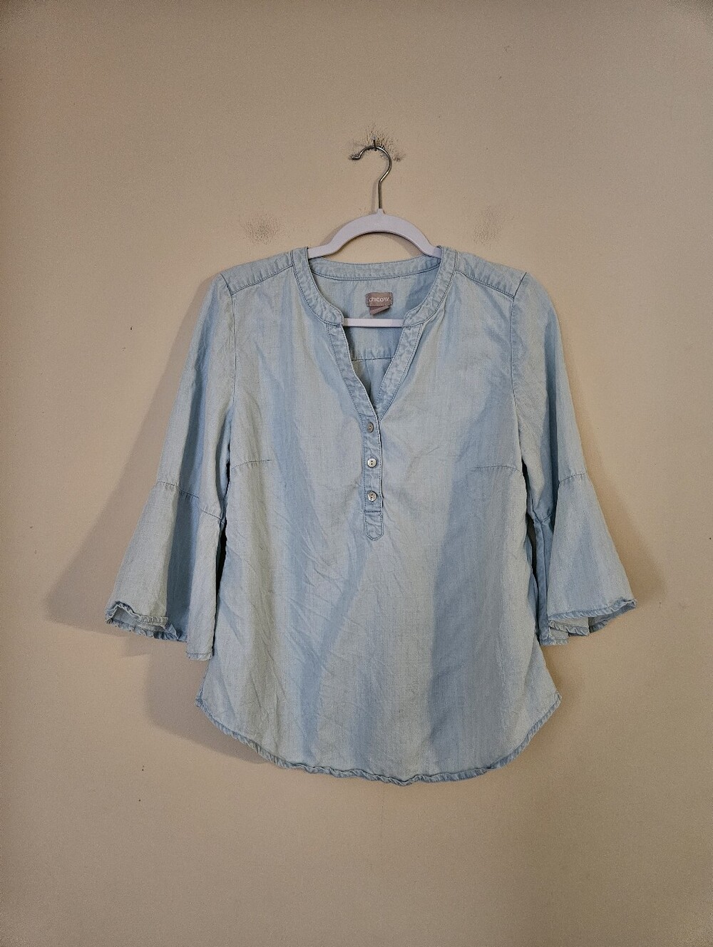 Chico's Light Blue Chambray Blouse with Bell Sleeves, Size US 8